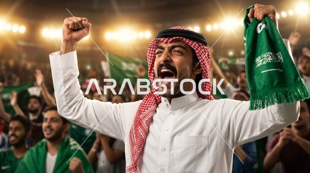 مشجع سعودي بالثوب التقليدي يشجع في الملعب