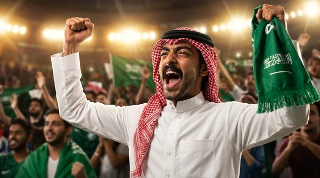 Saudi Fan in Thobe Cheering in Stadium