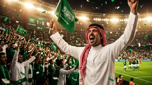 Saudi Football Fan Celebrating Match Victory in Stadium
