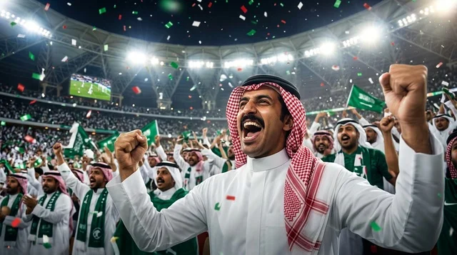 مشجعين سعوديين يحتفلون بالفوز في ملعب كرة القدم