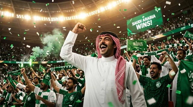 Saudi Fans Celebrating Football Victory in Stadium
