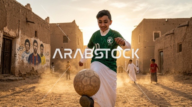 طفل سعودي يرتدي قميص المنتخب يلعب كرة القدم بالقرية