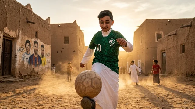 طفل سعودي يرتدي قميص المنتخب يلعب كرة القدم بالقرية طفل سعودي يرتدي قميص المنتخب يلعب كرة القدم بالقرية