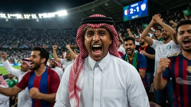 مشجع سعودي بالزي التقليدي يهتف بحماس داخل ملعب كرة القدم