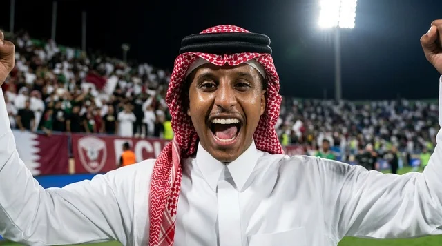 Qatari Man Cheering Football Victory in Stadium at Night