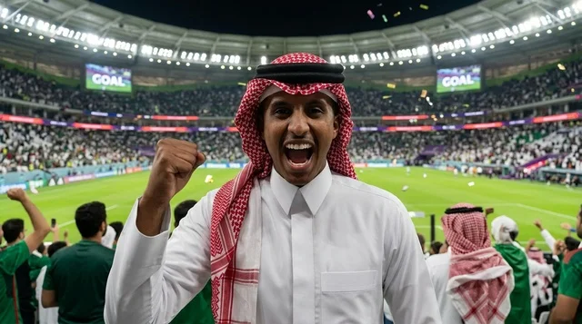 Saudi Man Celebrating Victory in Football Stadium