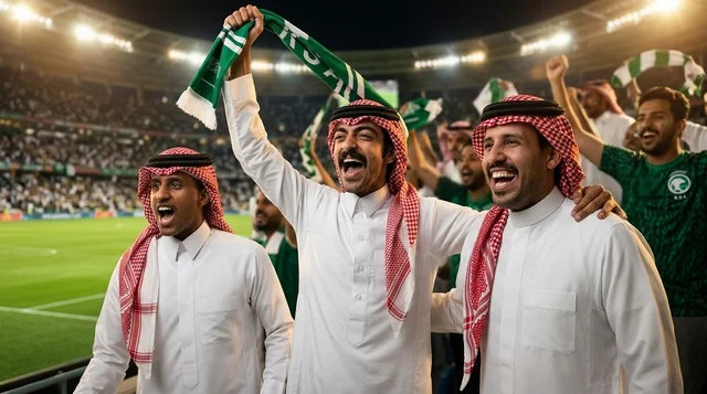 مشجعون سعوديون بالثوب التقليدي يحتفلون في الملعب