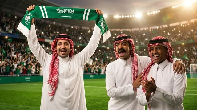 مشجعون سعوديون يحتفلون بالفوز في ملعب كرة القدم