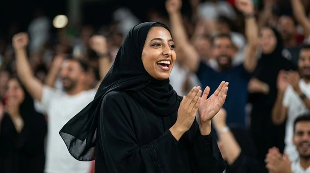 امرأة إماراتية مبتسمة بالعباءة والشيلة تصفق في الملعب