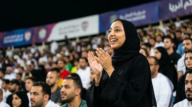 Emirati Woman Clapping at Stadium Football Match Night