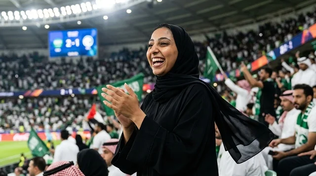 امرأة سعودية بالعباءة والحجاب تشجع في ملعب كرة القدم