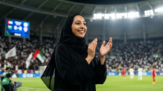 Emirati Woman in Abaya Clapping at UAE Football Stadium