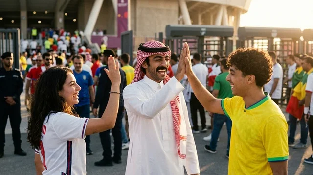 رجل قطري بالزي التقليدي يحيي مشجعي كرة القدم خارج الاستاد