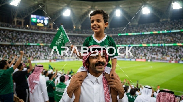 أب وابنه يشجعان المنتخب السعودي في الملعب