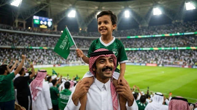 أب وابنه يشجعان المنتخب السعودي في الملعب أب وابنه يشجعان المنتخب السعودي في الملعب