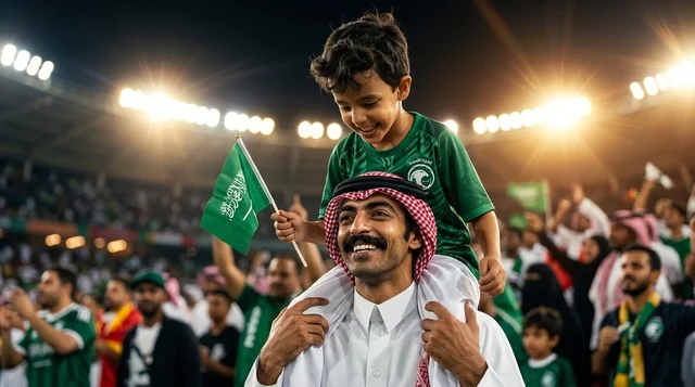 أب سعودي وابنه يحتفلان بمباراة كرة قدم في الملعب أب سعودي وابنه يحتفلان بمباراة كرة قدم في الملعب