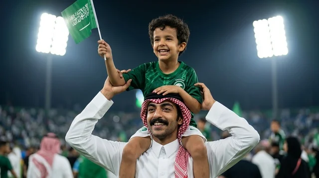 احتفال أب سعودي مع ابنه في ملعب كرة القدم ليلا