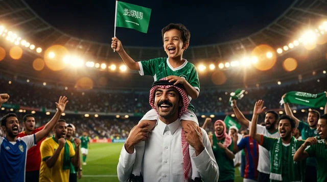Saudi Father and Son Celebrating in Football Stadium Saudi Father and Son Celebrating in Football Stadium