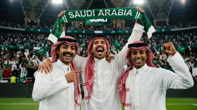مشجعو كرة قدم سعوديون يحتفلون بالفوز في الملعب