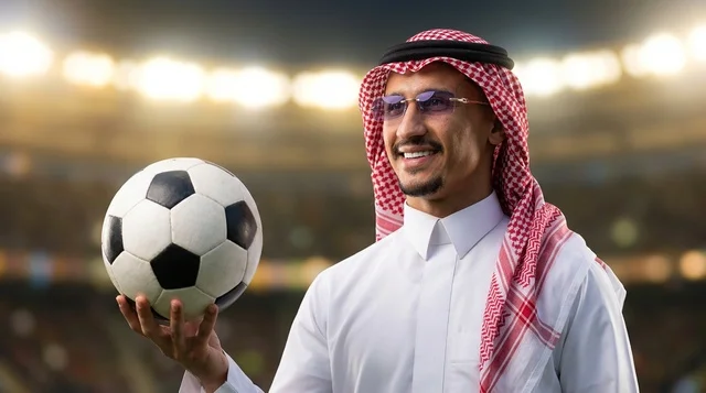 رجل سعودي يمسك كرة القدم في الملعب رجل سعودي يمسك كرة القدم في الملعب