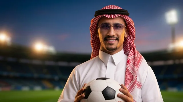 رجل سعودي مبتسم يرتدي الشماغ ويحمل كرة قدم في الملعب