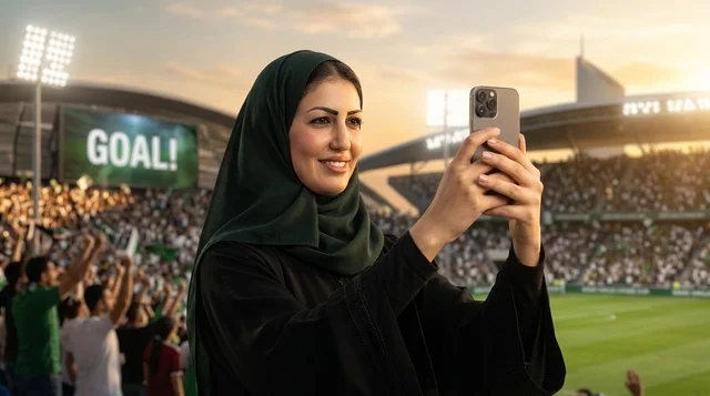 امرأة سعودية بالعباءة والحجاب تشجع في ملعب كرة القدم