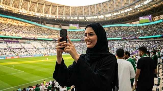 امرأة قطرية بالعباءة تلتقط صورة في ملعب كرة القدم امرأة قطرية بالعباءة تلتقط صورة في ملعب كرة القدم