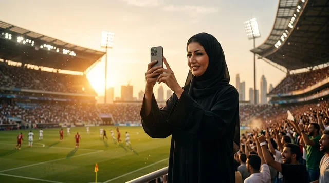 امرأة إماراتية بالعباءة تسجل مباراة كرة قدم بالهاتف