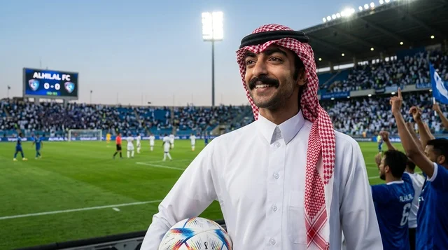 رجل سعودي بالثوب التقليدي يحمل كرة في الملعب
