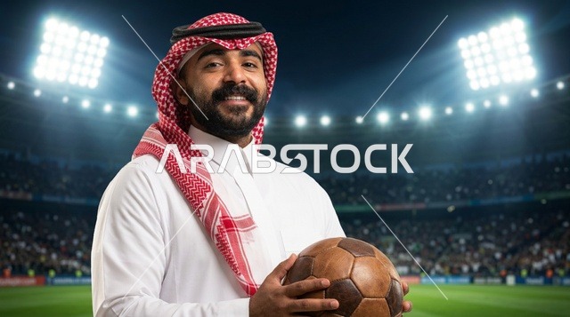 شاب سعودي بالثوب التقليدي يحمل كرة قدم داخل الملعب الرياضي