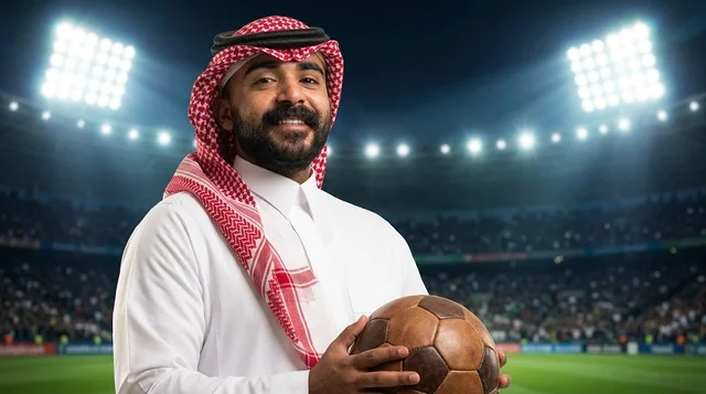 شاب سعودي بالثوب التقليدي يحمل كرة قدم داخل الملعب الرياضي