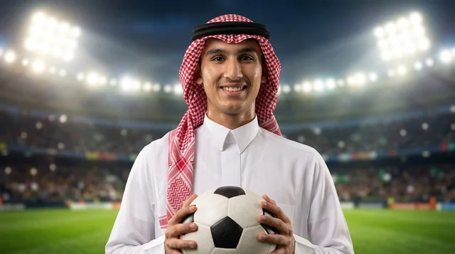 شاب سعودي بالثوب التقليدي يحمل كرة قدم داخل الملعب الرياضي