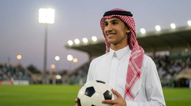 Saudi Man Wearing Thobe Holding Football in Stadium