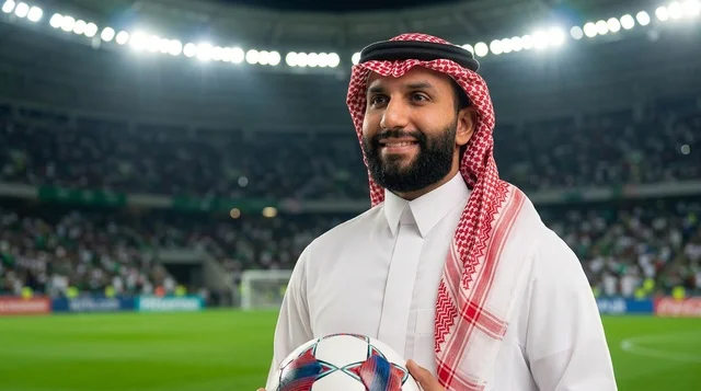 رجل سعودي بالثوب التقليدي يحمل كرة قدم داخل الملعب الرياضي