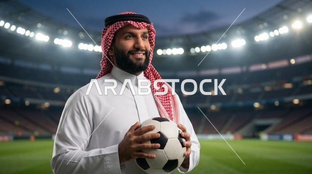 رجل سعودي بالثوب التقليدي يمسك كرة قدم في الملعب