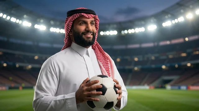 Saudi Man in Traditional Thobe Holding Football in Stadium