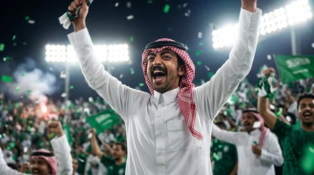 مشجع كرة قدم سعودي يحتفل بالفوز بالثوب التقليدي
