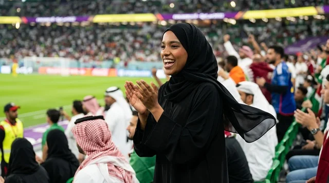 A Saudi female fan in an abaya claps in the stands of a football stadium.