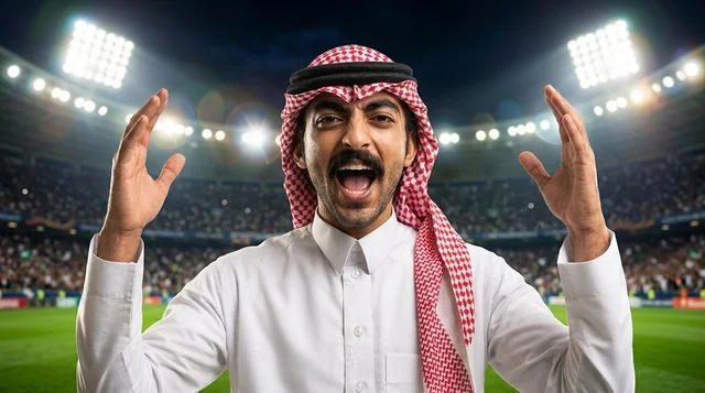 Saudi Football Fan Cheering inside Stadium at Night Saudi Football Fan Cheering inside Stadium at Night