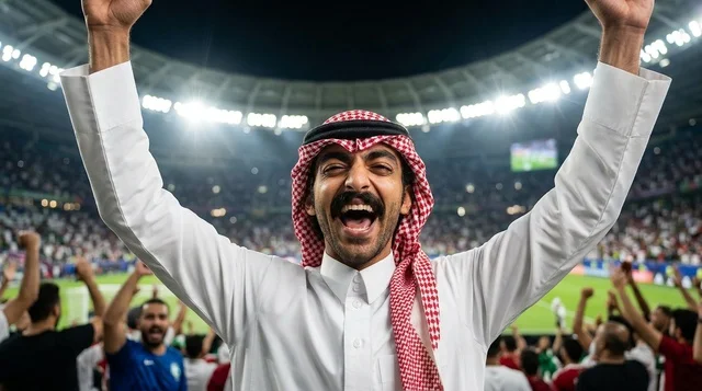 مشجع سعودي بالثوب والشماغ يحتفل بالفوز في الملعب