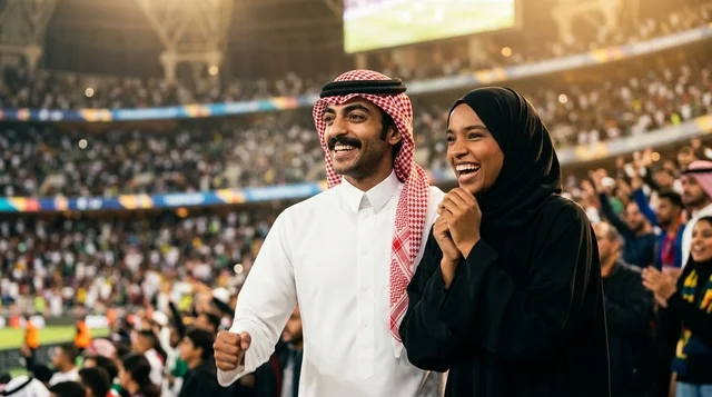 Saudi Couple in Traditional Attire Cheering at Stadium Saudi Couple in Traditional Attire Cheering at Stadium