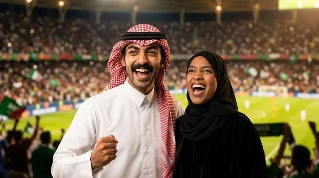 زوجان سعوديان بالزي التقليدي يحتفلان في ملعب كرة القدم زوجان سعوديان بالزي التقليدي يحتفلان في ملعب كرة القدم