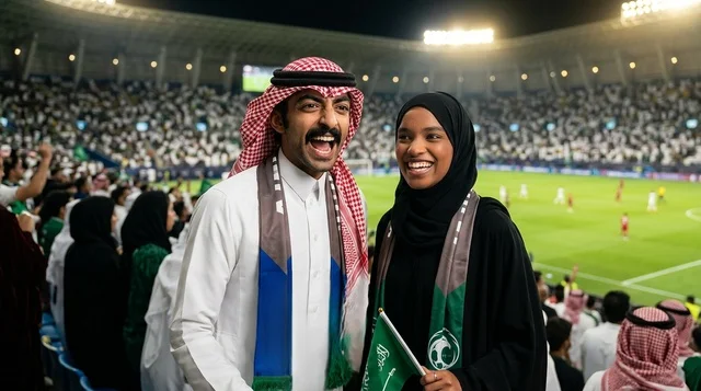 Saudi Fans Cheering at Football Stadium Night Match