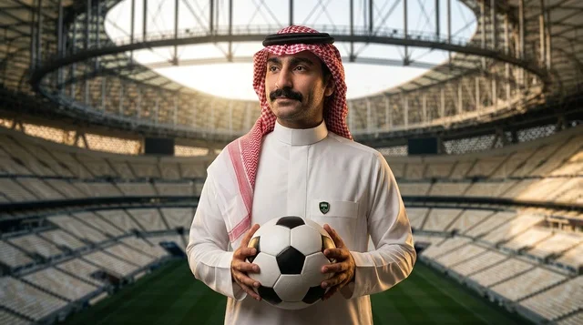 Saudi Man in Traditional Thobe Holding Football in Stadium Saudi Man in Traditional Thobe Holding Football in Stadium