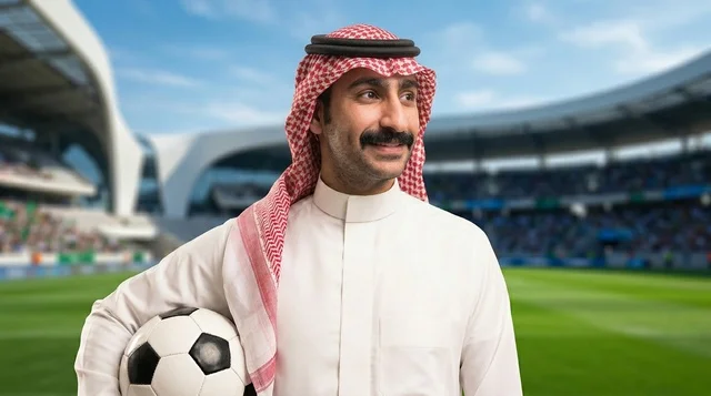 رجل سعودي يرتدي الثوب التقليدي يحمل كرة قدم في الملعب