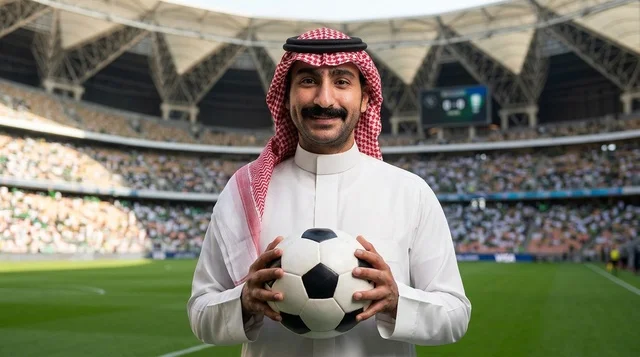 رجل سعودي بالثوب والشماغ يمسك كرة قدم في الملعب