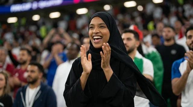 امرأة قطرية بالعباءة السوداء تشجع في مدرجات الملعب امرأة قطرية بالعباءة السوداء تشجع في مدرجات الملعب