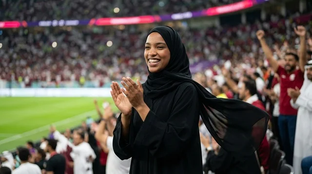 A Saudi female fan in an abaya claps in the stands of a football stadium.