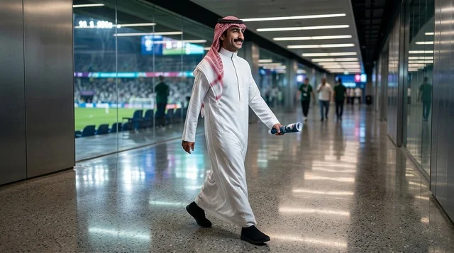 رجل سعودي بالثوب التقليدي يمشي في ممر استاد رياضي