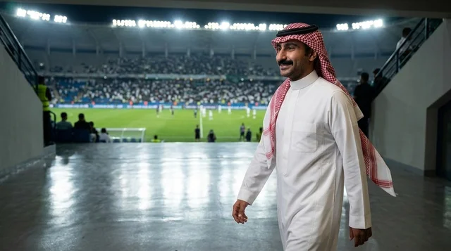 Saudi Man in Traditional Dress Walking at Football Stadium
